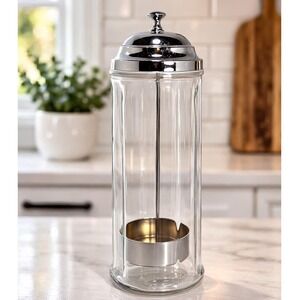 Vintage Glass Straw Holder Chrome Lid Soda Fountain Style